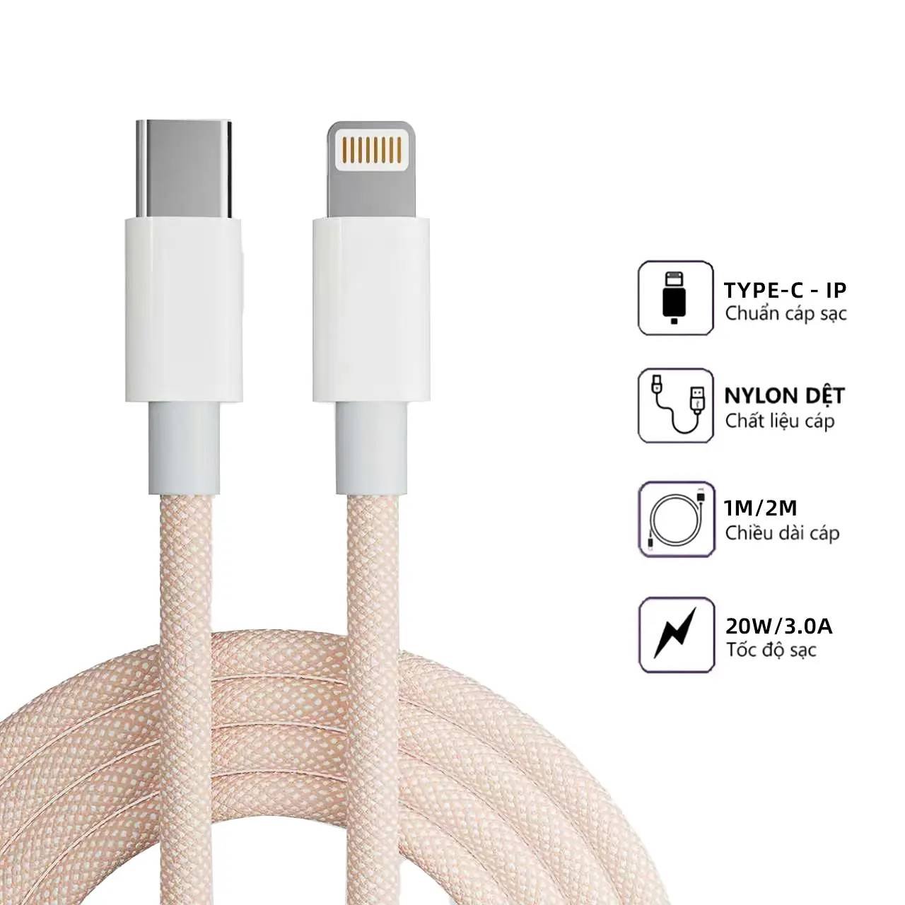 Cáp Sạc Nhanh PD20W 5 Lõi Bọc Dù 1M/2M, Dây Type-C - IP Siêu Bền Chống Đứt Gãy, 4 Màu Đa Sắc, Cho iPhone 6-14 (Không kèm củ sạc)